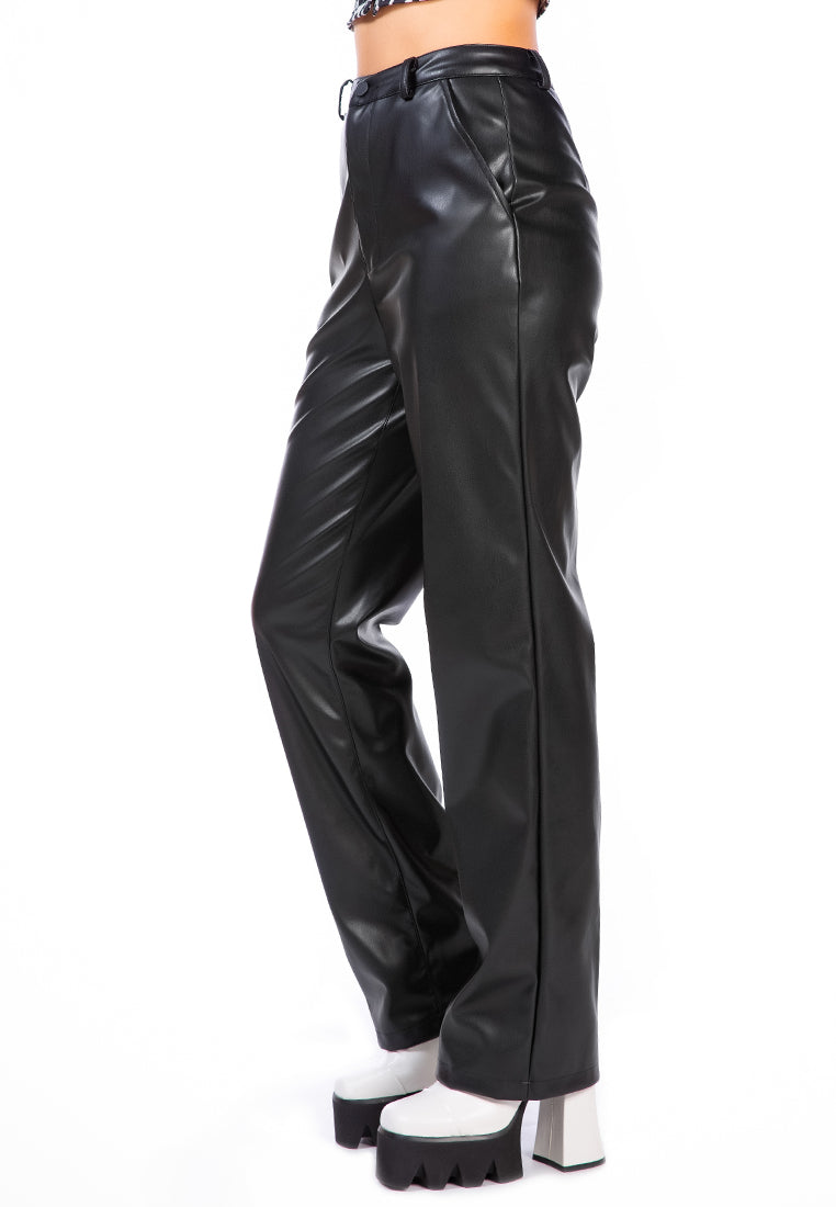 Faux Leather High Waist Straight Trousers displayed on a mannequin, showcasing the sleek design and functional pockets.