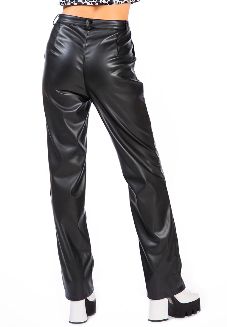 Faux Leather High Waist Straight Trousers displayed on a mannequin, showcasing the sleek design and functional pockets.