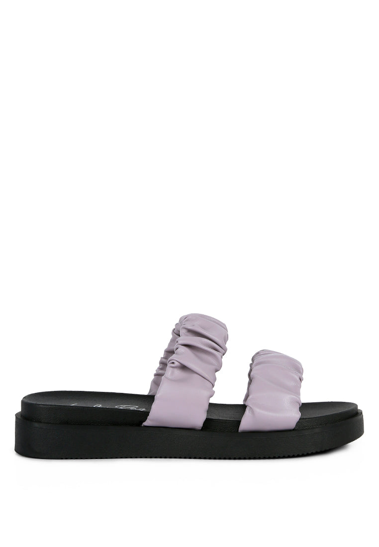 Stylish faux leather ruched strap platform sandals with padded insole and rubber outsole, perfect for casual wear.