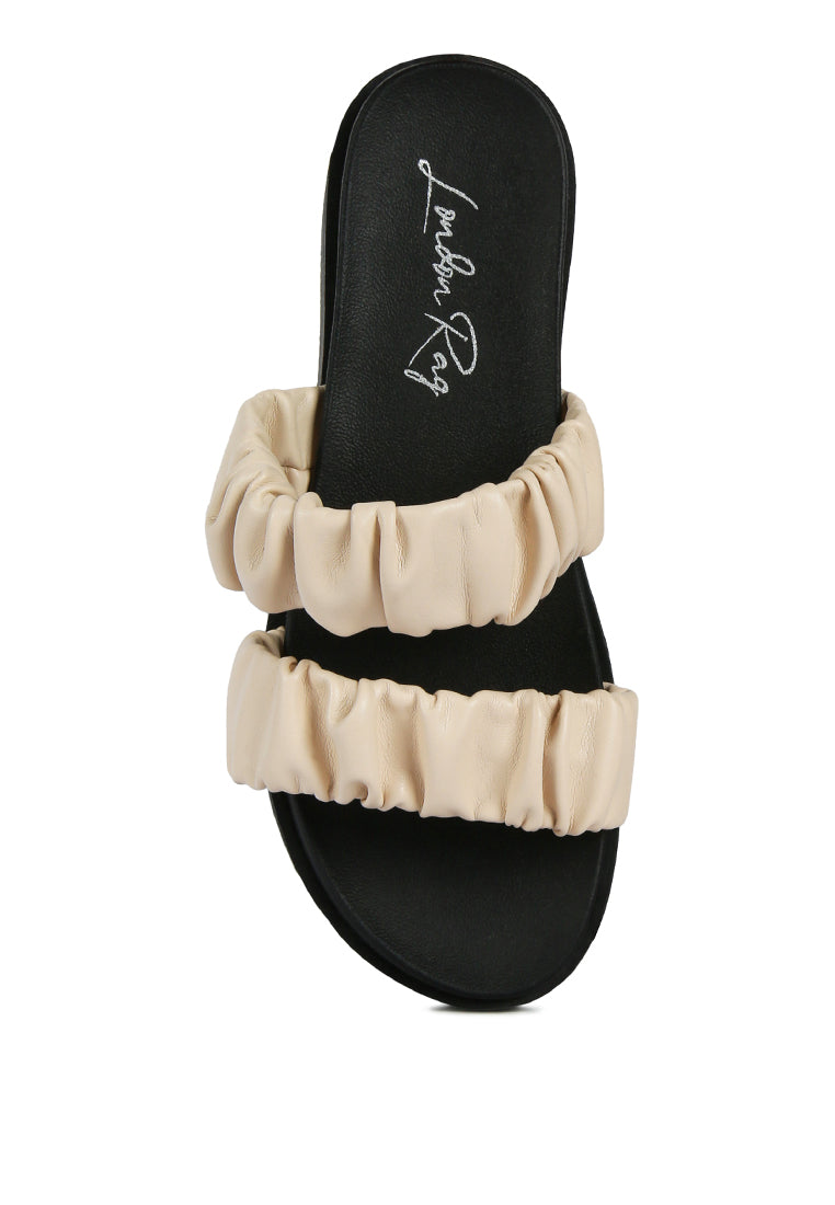 Stylish faux leather ruched strap platform sandals with padded insole and rubber outsole, perfect for casual wear.