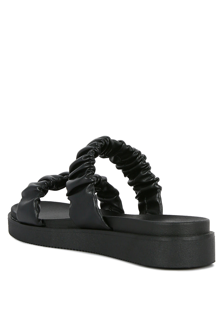 Stylish faux leather ruched strap platform sandals with padded insole and rubber outsole, perfect for casual wear.