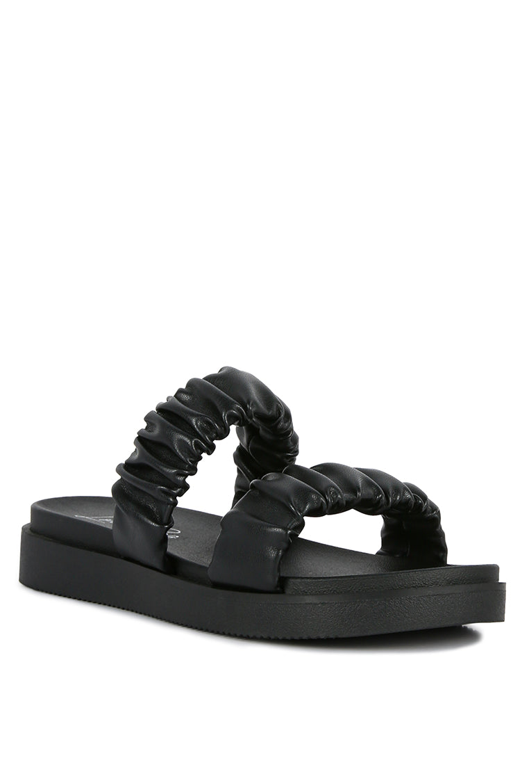 Stylish faux leather ruched strap platform sandals with padded insole and rubber outsole, perfect for casual wear.