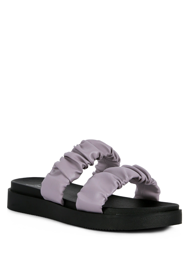 Stylish faux leather ruched strap platform sandals with padded insole and rubber outsole, perfect for casual wear.