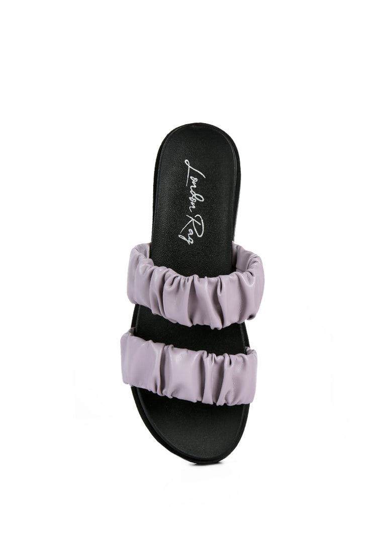 Stylish faux leather ruched strap platform sandals with padded insole and rubber outsole, perfect for casual wear.