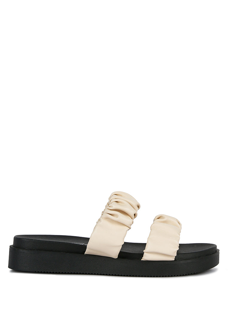 Stylish faux leather ruched strap platform sandals with padded insole and rubber outsole, perfect for casual wear.