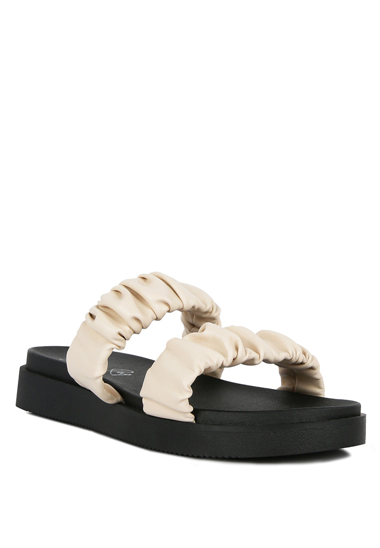 Stylish faux leather ruched strap platform sandals with padded insole and rubber outsole, perfect for casual wear.