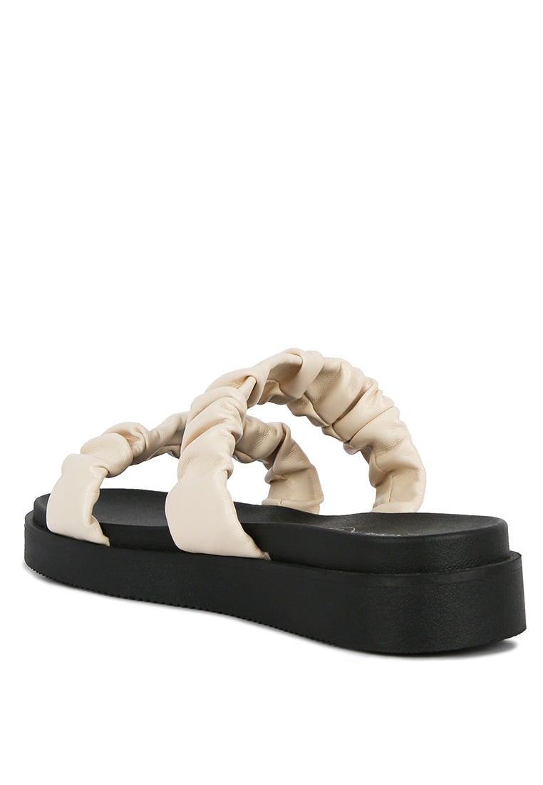 Stylish faux leather ruched strap platform sandals with padded insole and rubber outsole, perfect for casual wear.