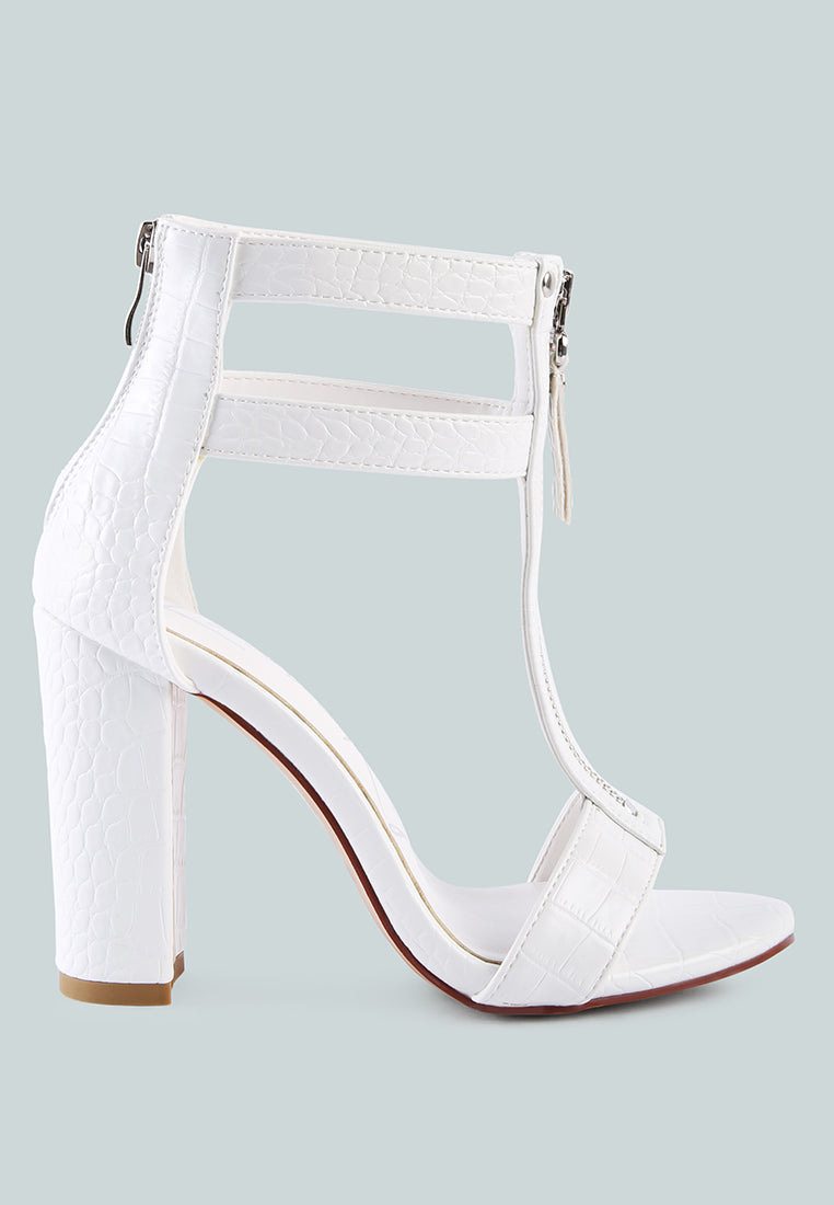 Felicity Zip Up T Strap Sandals featuring faux leather upper, croc texture, and stylish zipper details, perfect for weddings and parties.