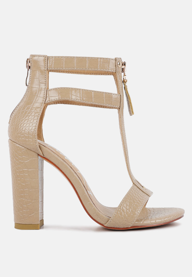 Felicity Zip Up T Strap Sandals featuring faux leather upper, croc texture, and stylish zipper details, perfect for weddings and parties.