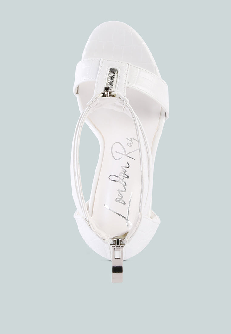 Felicity Zip Up T Strap Sandals featuring faux leather upper, croc texture, and stylish zipper details, perfect for weddings and parties.