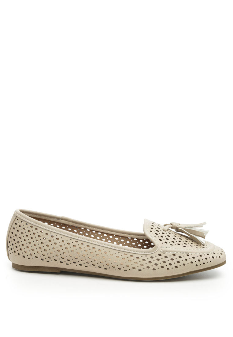 Feet Nest Perforated Microfiber Loafer featuring a chic perforated design and tassel detail, perfect for casual outings.