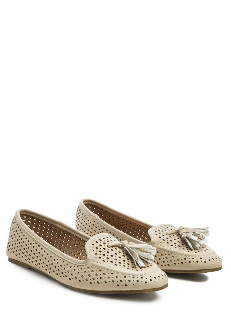 Feet Nest Perforated Microfiber Loafer featuring a chic perforated design and tassel detail, perfect for casual outings.