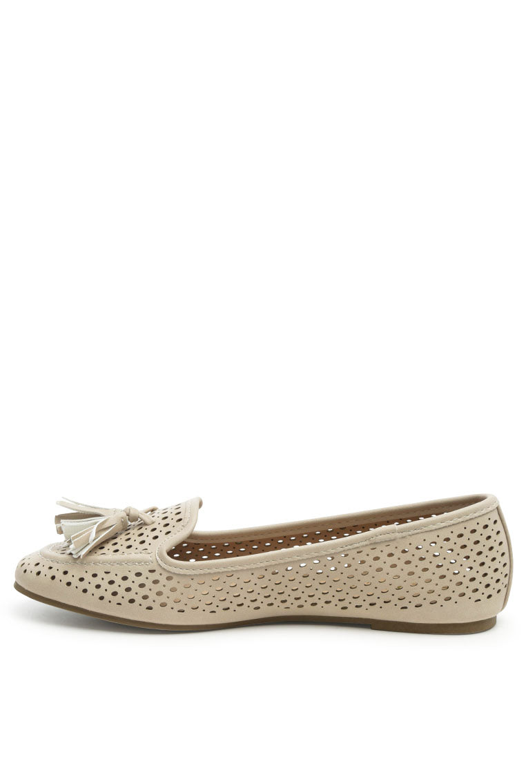 Feet Nest Perforated Microfiber Loafer featuring a chic perforated design and tassel detail, perfect for casual outings.