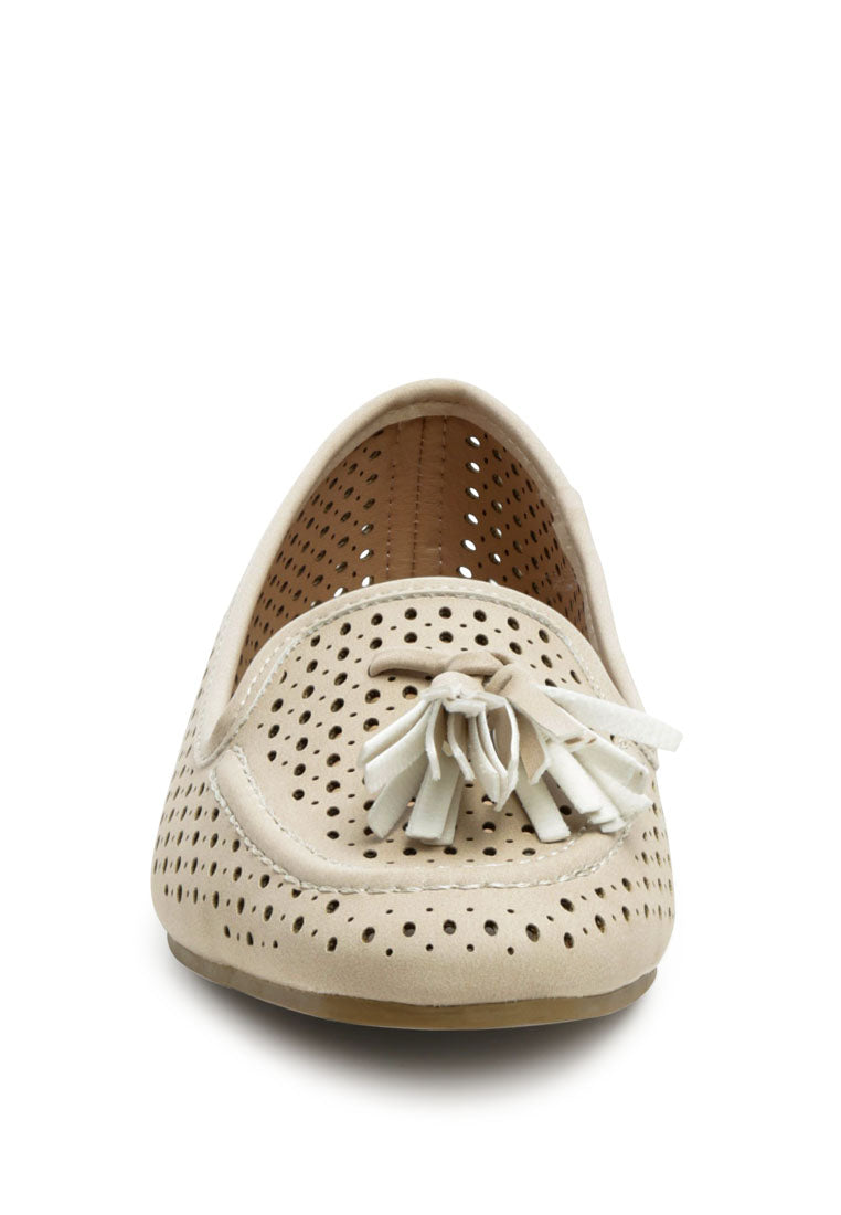 Feet Nest Perforated Microfiber Loafer featuring a chic perforated design and tassel detail, perfect for casual outings.