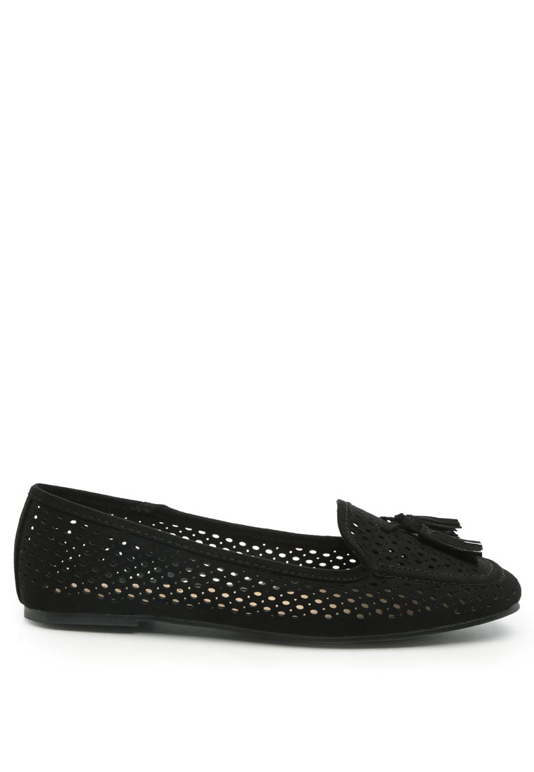 Feet Nest Perforated Microfiber Loafer featuring a chic perforated design and tassel detail, perfect for casual outings.