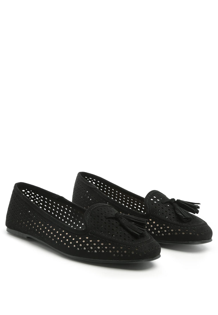 Feet Nest Perforated Microfiber Loafer featuring a chic perforated design and tassel detail, perfect for casual outings.