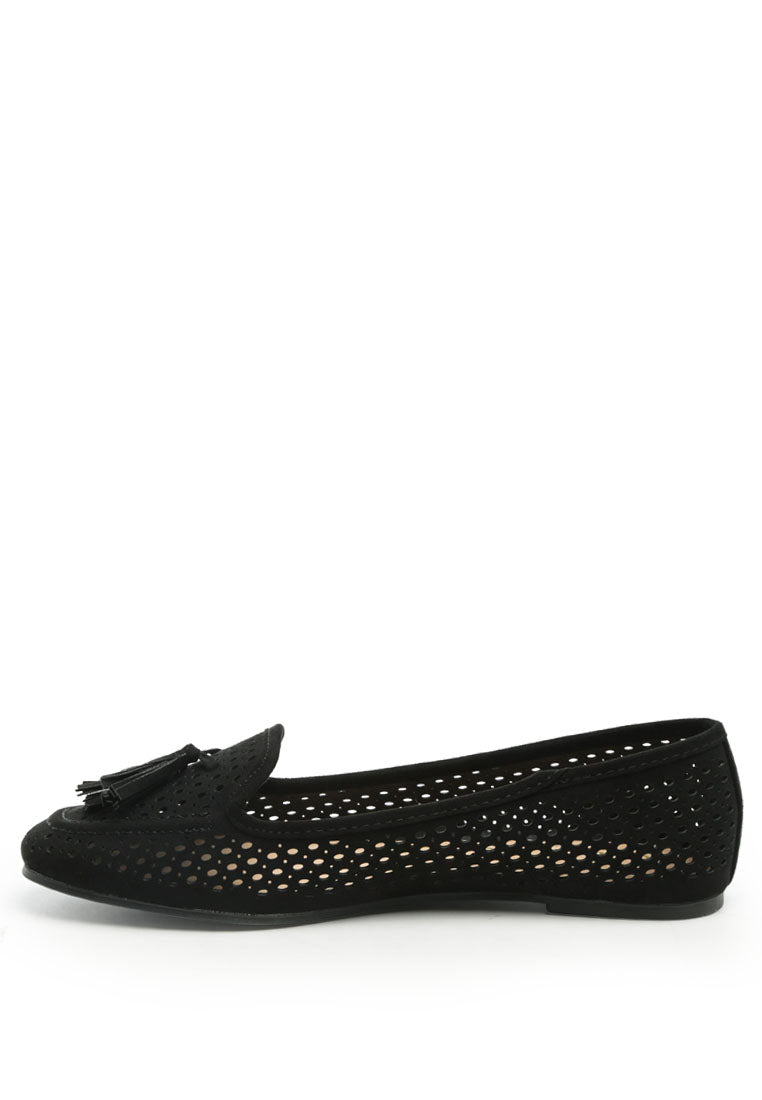 Feet Nest Perforated Microfiber Loafer featuring a chic perforated design and tassel detail, perfect for casual outings.