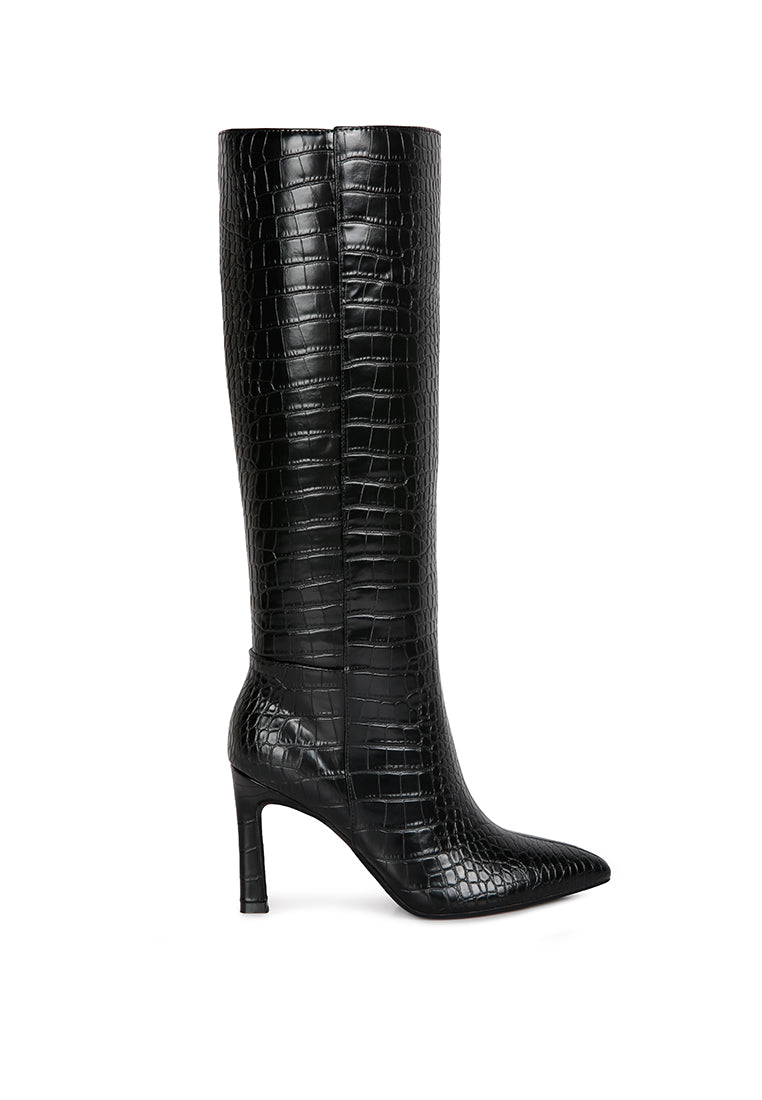 Fewocious Croc High Heel Calf Boots in black with side zipper and cut-out block heel design.