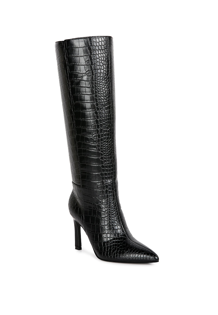 Fewocious Croc High Heel Calf Boots in black with side zipper and cut-out block heel design.