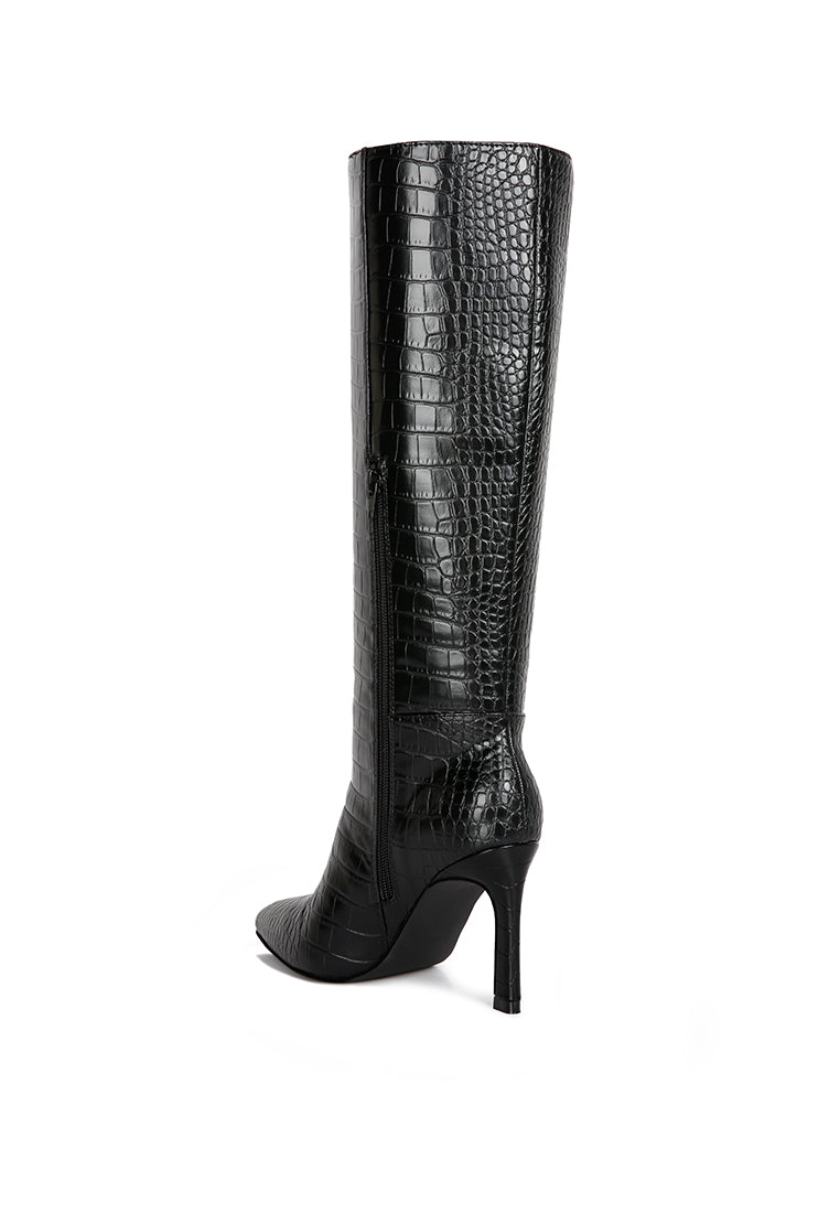 Fewocious Croc High Heel Calf Boots in black with side zipper and cut-out block heel design.