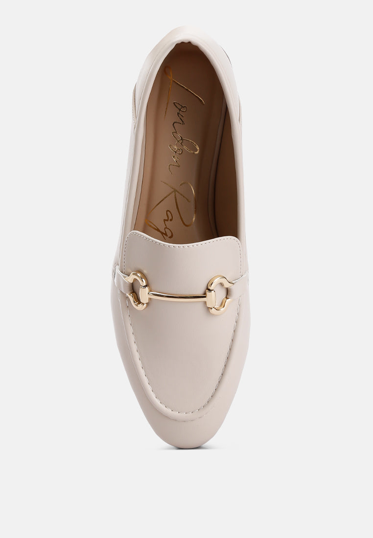 Finola Horsebit Embellished Loafers showcasing faux leather upper, horsebit detail, and low block heel design.