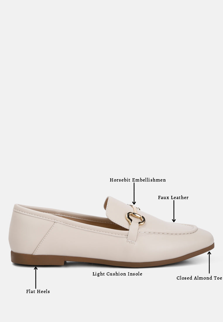 Finola Horsebit Embellished Loafers showcasing faux leather upper, horsebit detail, and low block heel design.