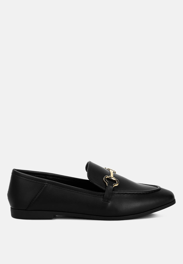 Finola Horsebit Embellished Loafers showcasing faux leather upper, horsebit detail, and low block heel design.