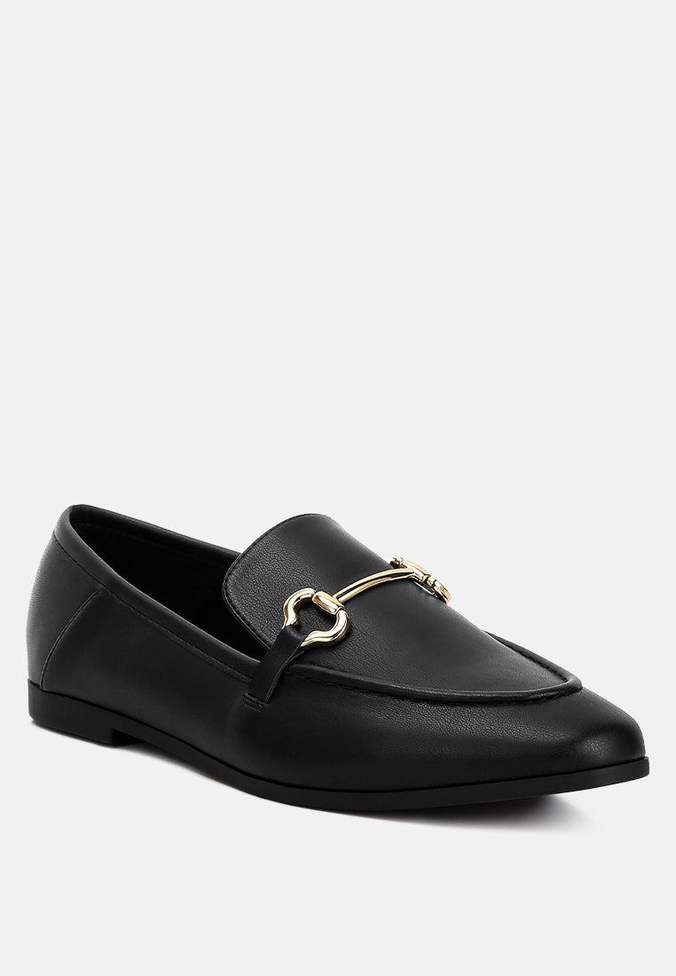 Finola Horsebit Embellished Loafers showcasing faux leather upper, horsebit detail, and low block heel design.