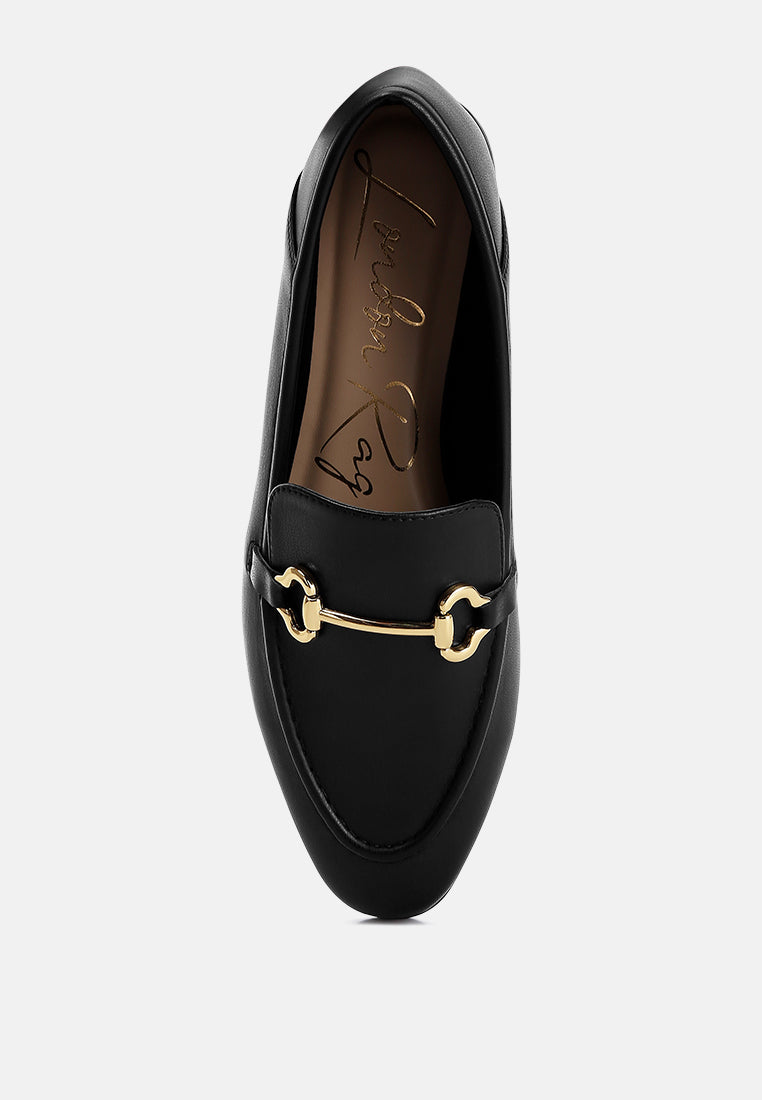 Finola Horsebit Embellished Loafers showcasing faux leather upper, horsebit detail, and low block heel design.