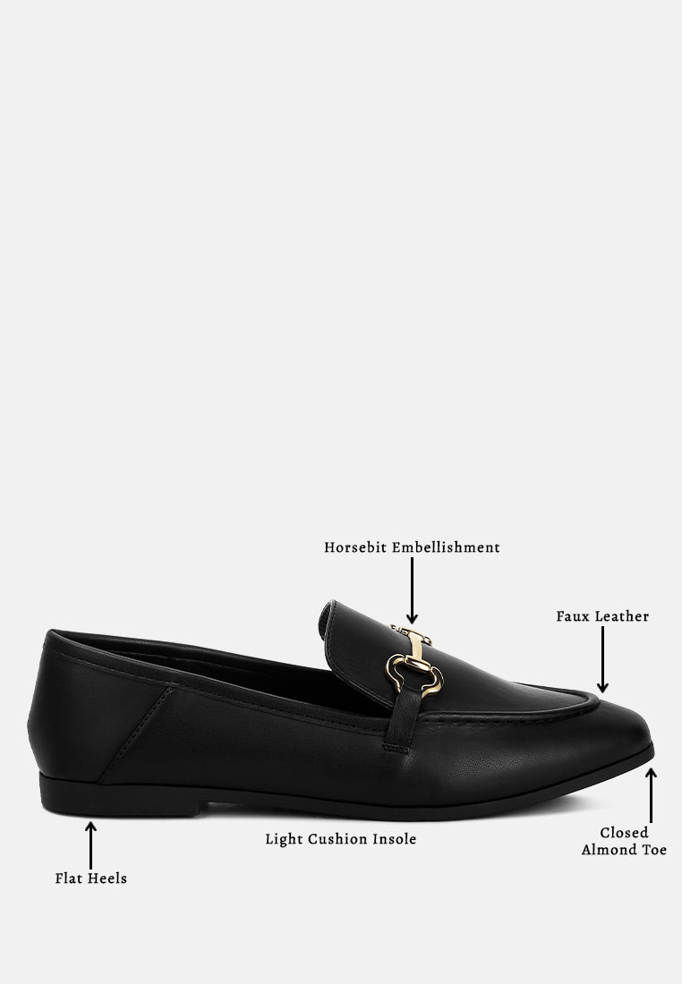 Finola Horsebit Embellished Loafers showcasing faux leather upper, horsebit detail, and low block heel design.