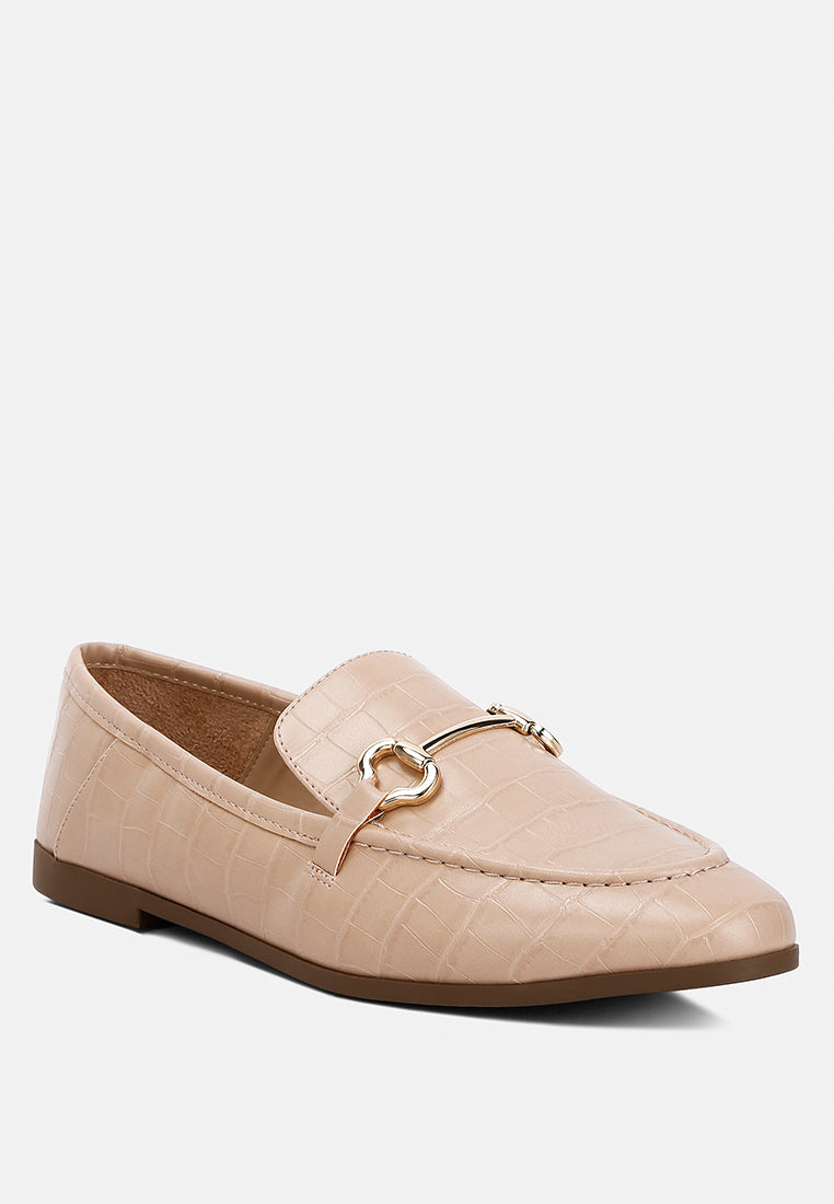 Finola Horsebit Embellished Loafers showcasing faux leather upper, horsebit detail, and low block heel design.