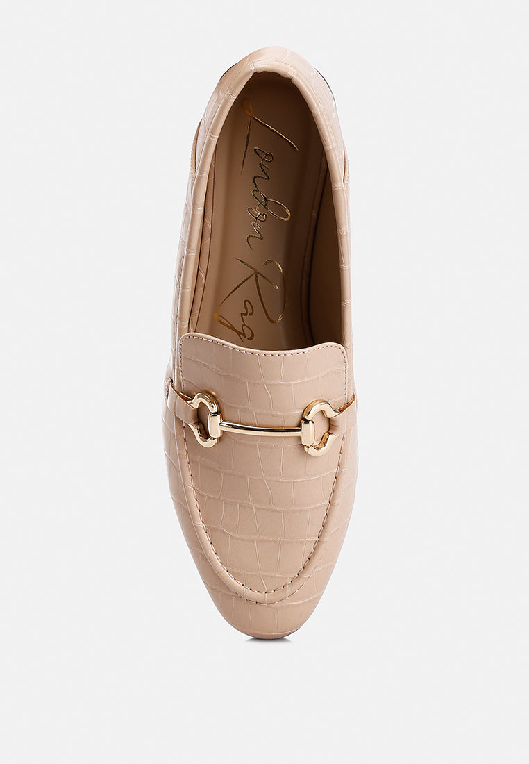 Finola Horsebit Embellished Loafers showcasing faux leather upper, horsebit detail, and low block heel design.