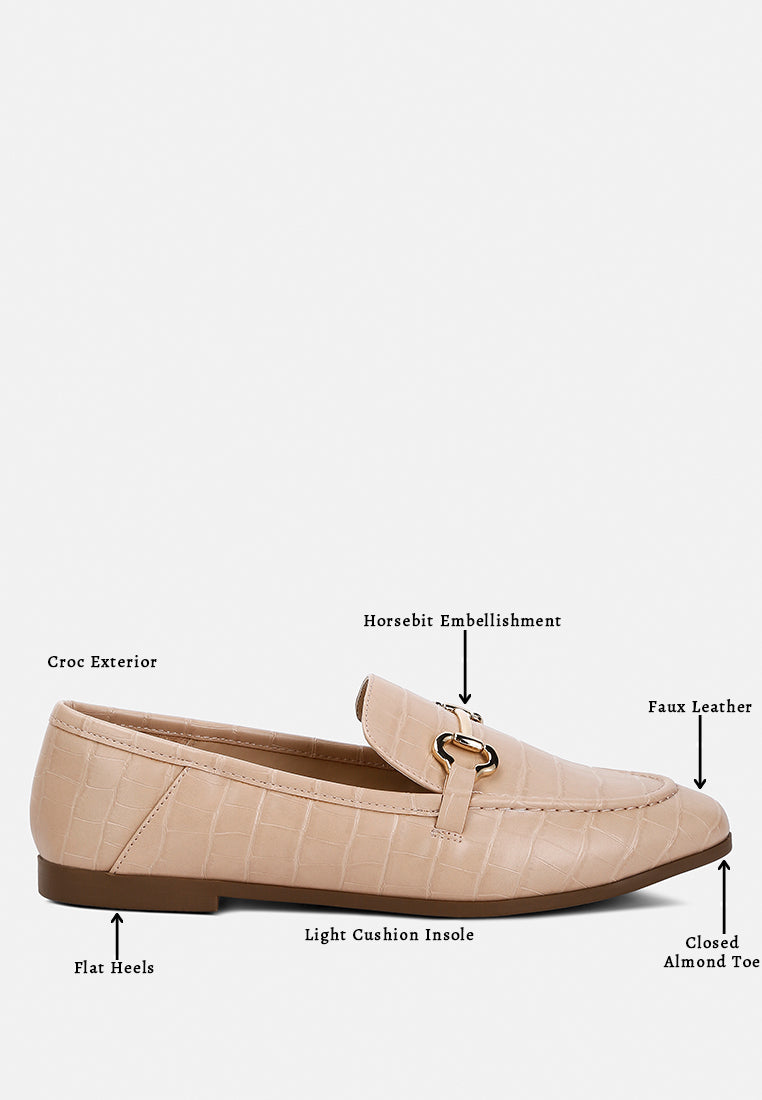 Finola Horsebit Embellished Loafers showcasing faux leather upper, horsebit detail, and low block heel design.