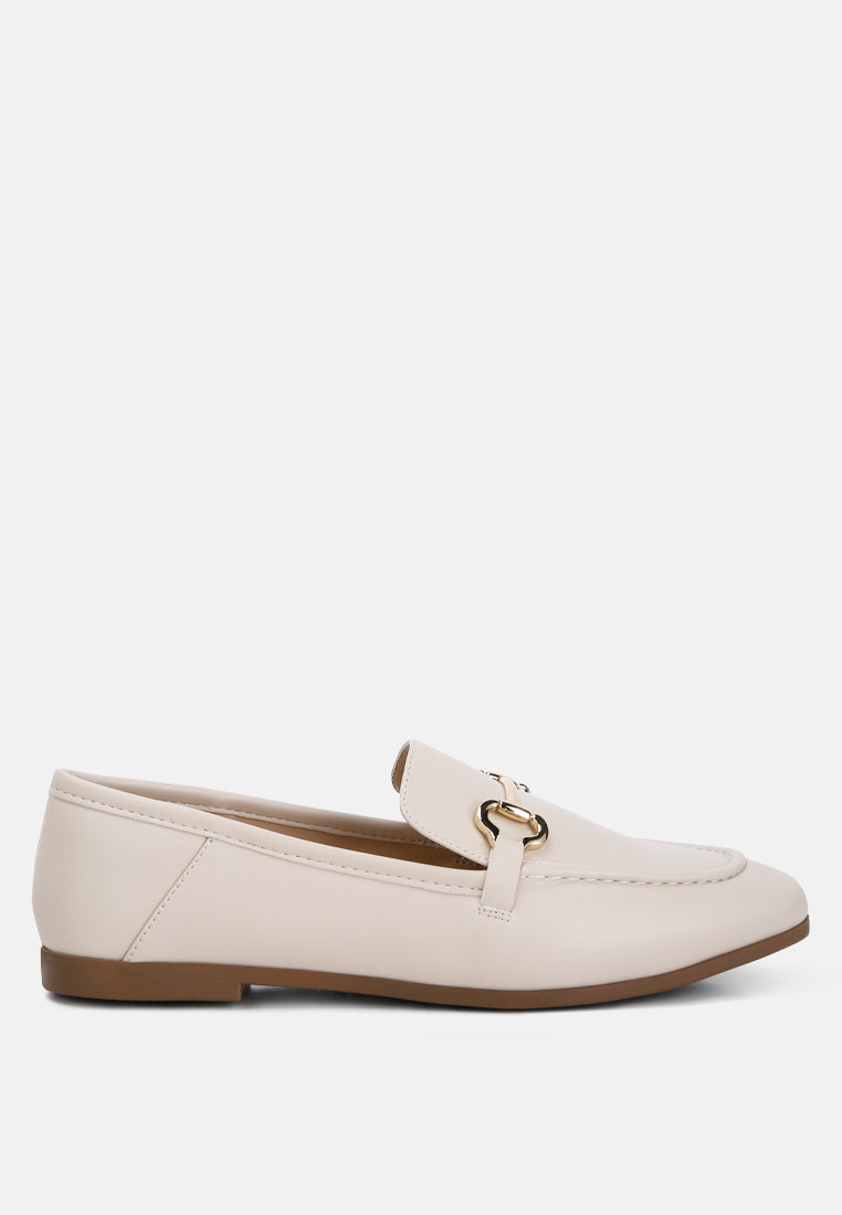 Finola Horsebit Embellished Loafers showcasing faux leather upper, horsebit detail, and low block heel design.