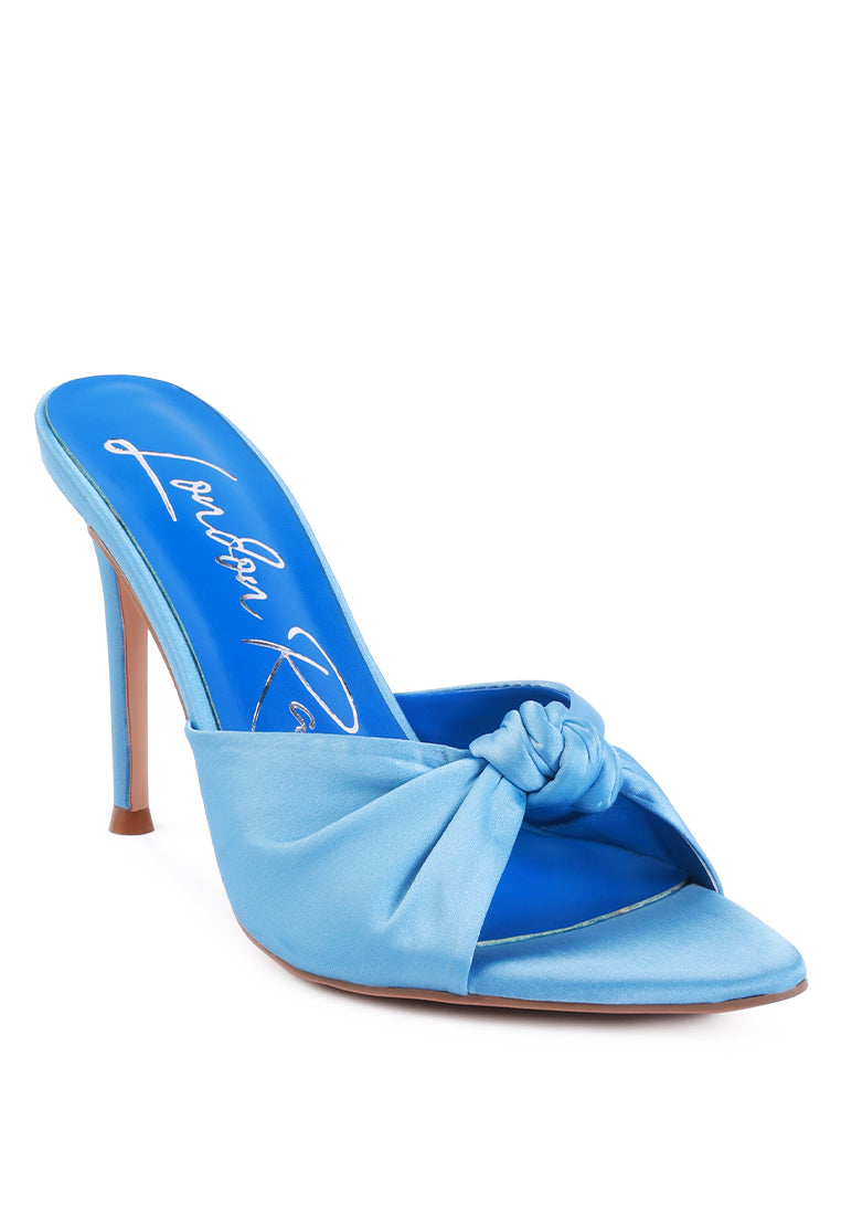 First Crush Satin Knot High Heeled Sandals featuring luxurious satin upper, knotted strap, and high pointed heels in various colors.