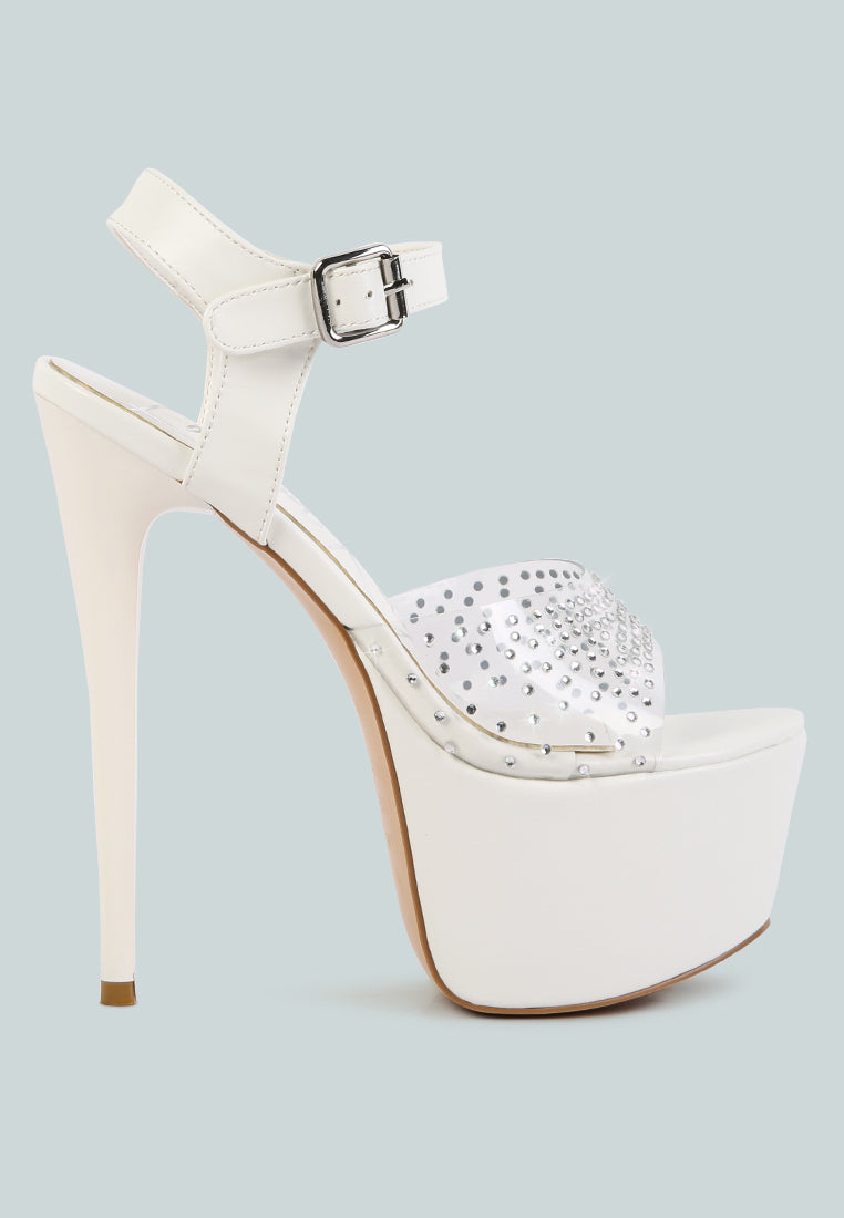 First Date Ultra High Heel Clear Sandals featuring rhinestone embellishments and a high platform design, perfect for special occasions.