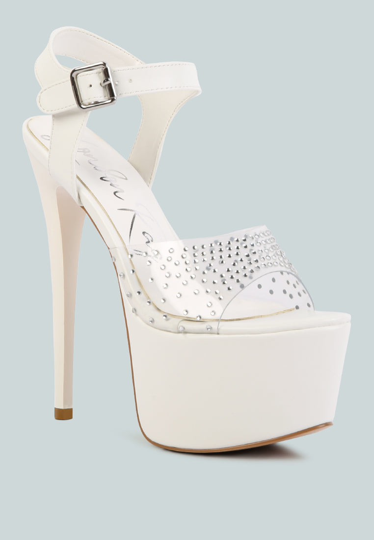 First Date Ultra High Heel Clear Sandals featuring rhinestone embellishments and a high platform design, perfect for special occasions.