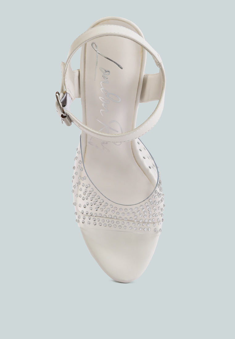 First Date Ultra High Heel Clear Sandals featuring rhinestone embellishments and a high platform design, perfect for special occasions.