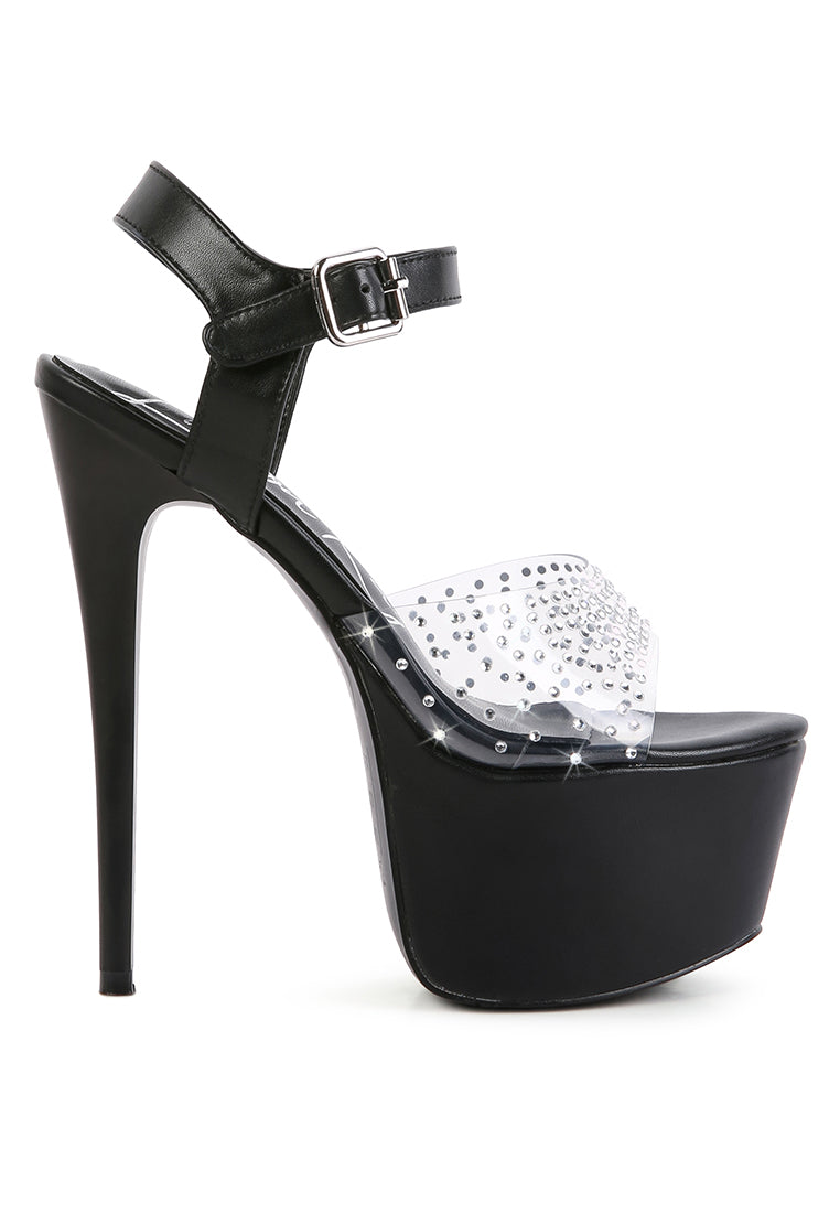 First Date Ultra High Heel Clear Sandals featuring rhinestone embellishments and a high platform design, perfect for special occasions.