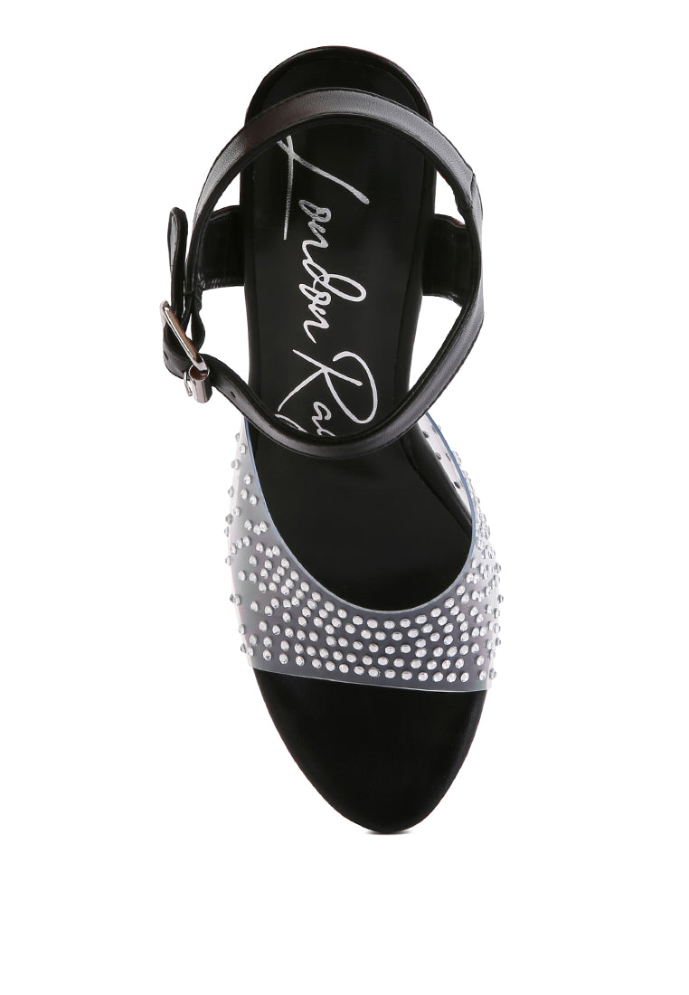 First Date Ultra High Heel Clear Sandals featuring rhinestone embellishments and a high platform design, perfect for special occasions.