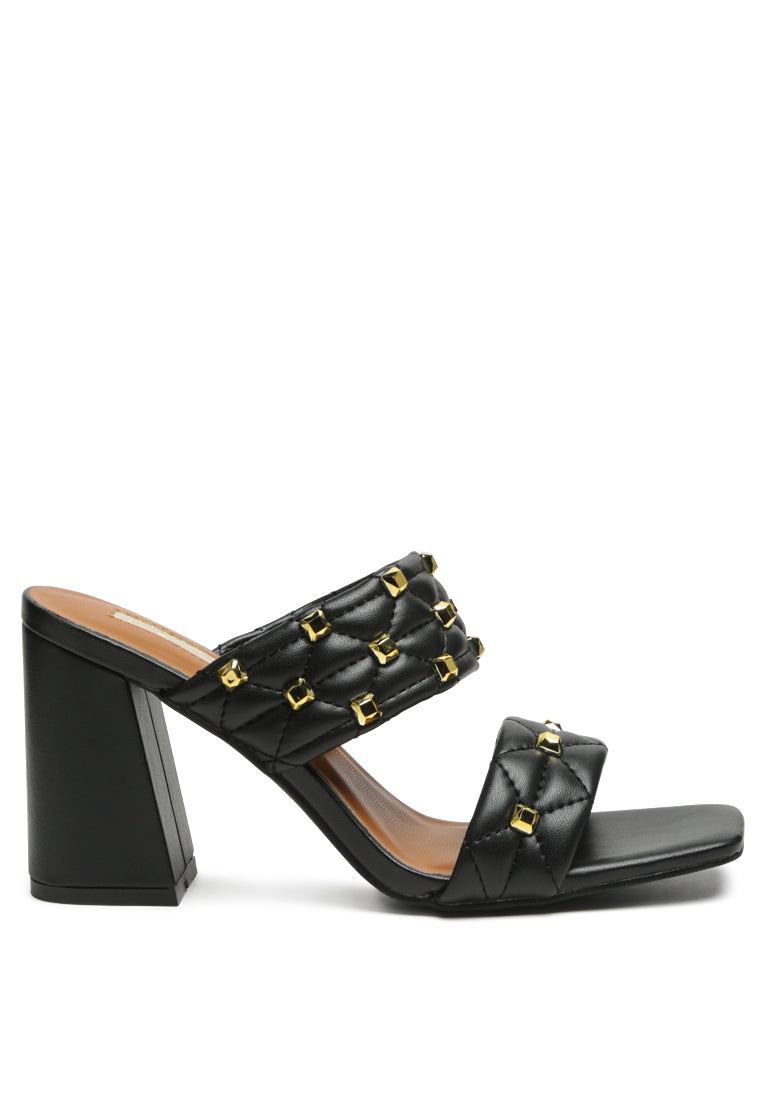 Fischer Stud Embellished Block Heel Sandals featuring quilted design and golden studs on straps, showcasing a stylish open square toe.