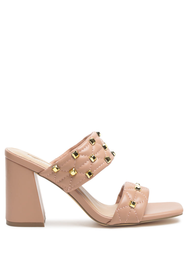 Fischer Stud Embellished Block Heel Sandals featuring quilted design and golden studs on straps, showcasing a stylish open square toe.