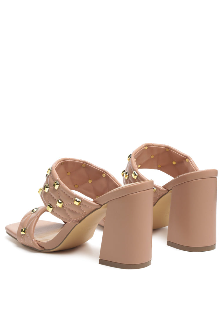 Fischer Stud Embellished Block Heel Sandals featuring quilted design and golden studs on straps, showcasing a stylish open square toe.