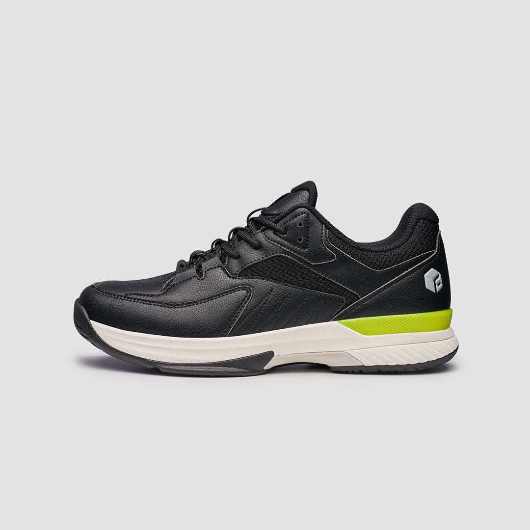 FitVille Men's Court Tennis Amadeus V1 shoes in black, white, orange, and khaki, showcasing their stylish design and performance features.