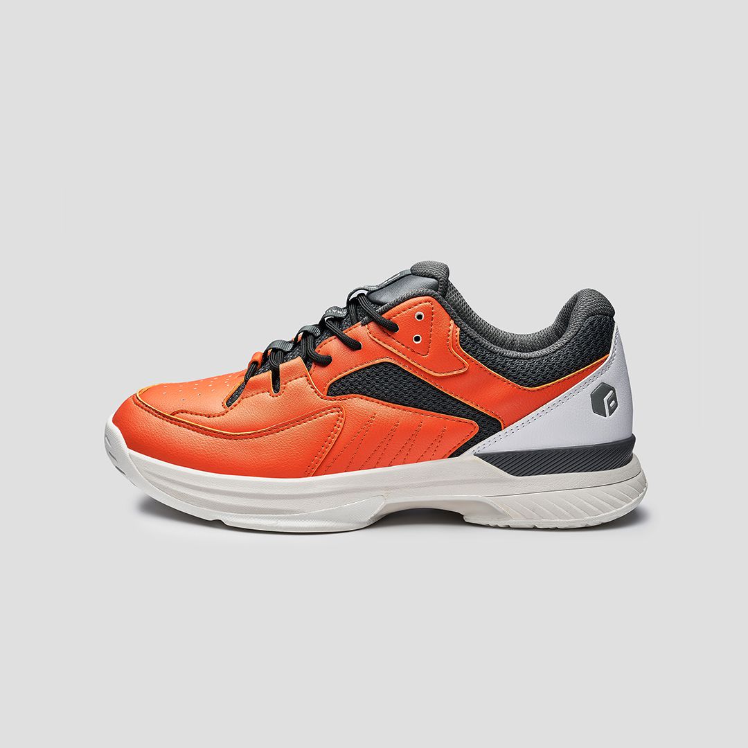 FitVille Men's Court Tennis Amadeus V1 shoes in black, white, orange, and khaki, showcasing a modern design with a wide toe box and breathable upper.