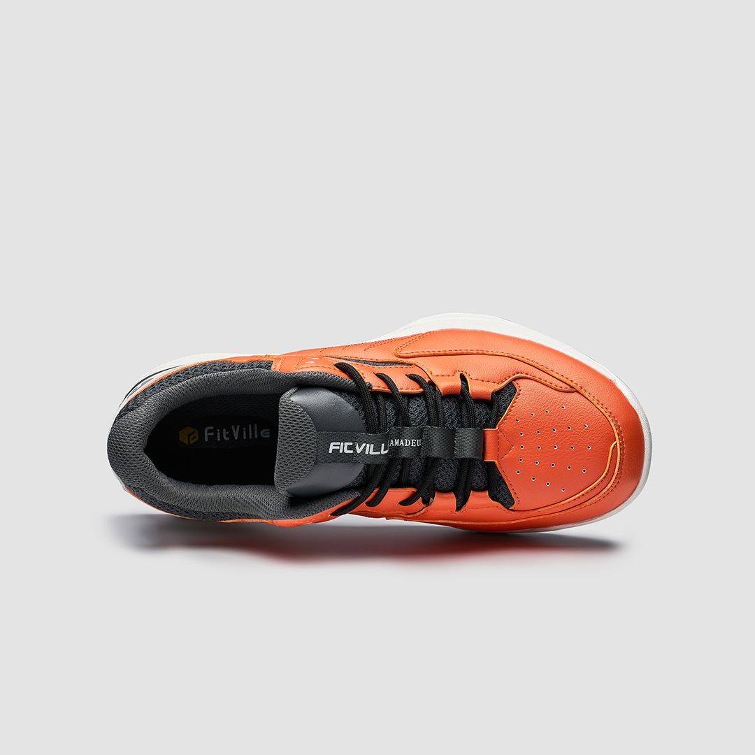 FitVille Men's Court Tennis Amadeus V1 shoes in black, white, orange, and khaki, showcasing a modern design with a wide toe box and breathable upper.