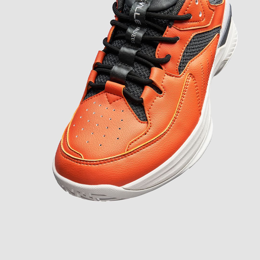 FitVille Men's Court Tennis Amadeus V1 shoes in black, white, orange, and khaki, showcasing a modern design with a wide toe box and breathable upper.