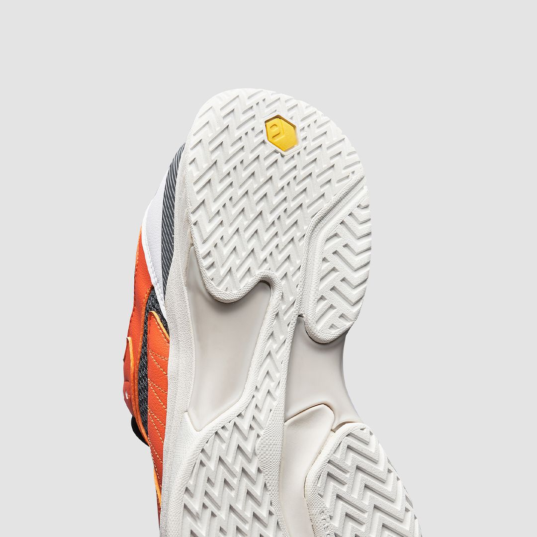 FitVille Men's Court Tennis Amadeus V1 shoes in black, white, orange, and khaki, showcasing a modern design with a wide toe box and breathable upper.