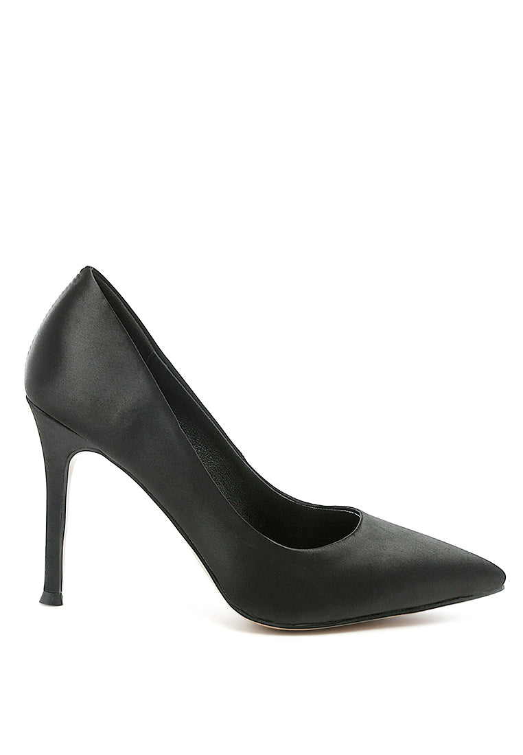 Fizzy Goblet Satin Stiletto Pumps showcasing elegant satin upper, pointed toe, and stylish stiletto heel.