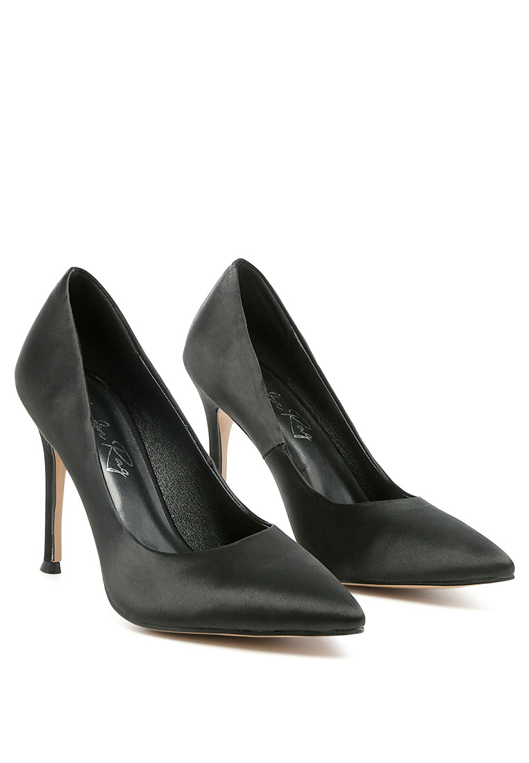 Fizzy Goblet Satin Stiletto Pumps showcasing elegant satin upper, pointed toe, and stylish stiletto heel.